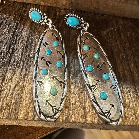 Boho Hippie Cowgirl Western Stamped Stone Earrings - Cactus Thunderbolt Arrows, - Picture 4 of 7